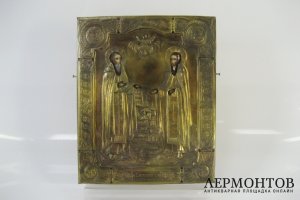 Икона. Соловецкие Святые Зосим и Савватий. Дерево, латунь, золочение. Российская Империя, XIХ век.