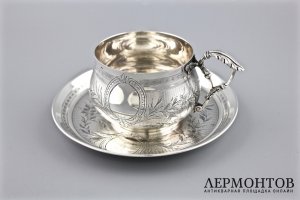 Чайная пара. P. Tonnelier. Серебро 950 пробы. Гильоше, гравировка. Франция, XIX в.