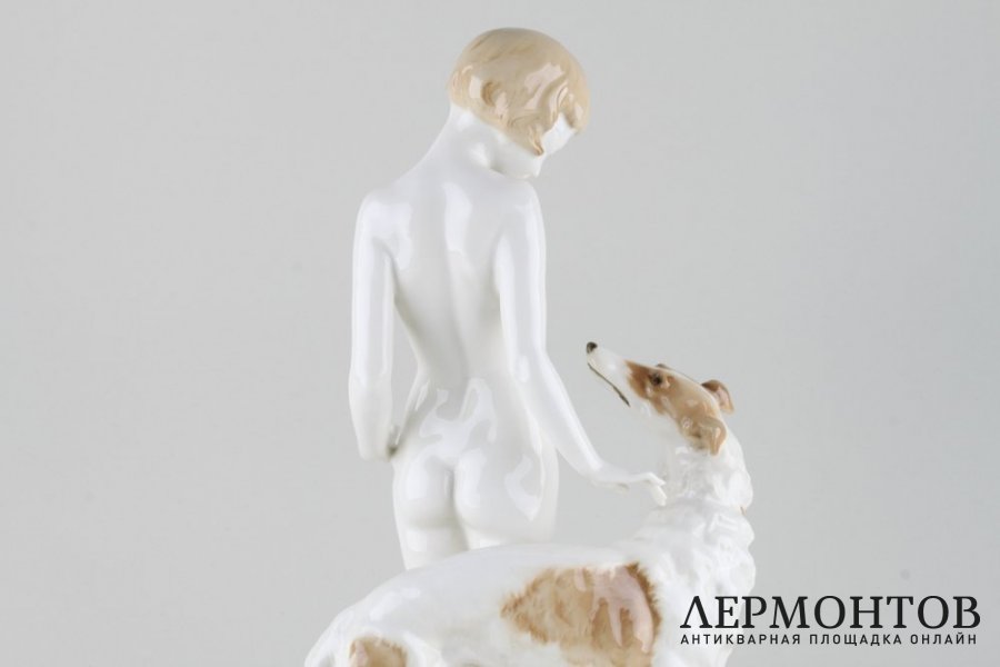 Девушка с борзой, Знакомство. Фарфор, ар-деко. Германия, Хутченройтер, 1955-68