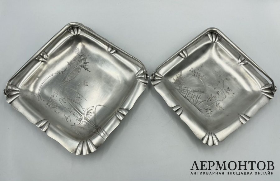 Парные сухарницы с пейзажами. Россия, 1900-е гг. Серебро 84 пробы.