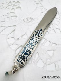 Нож для бумаг. Серебро 91 пробы, выемчатая эмаль, малахит, Россия, конец 19 века