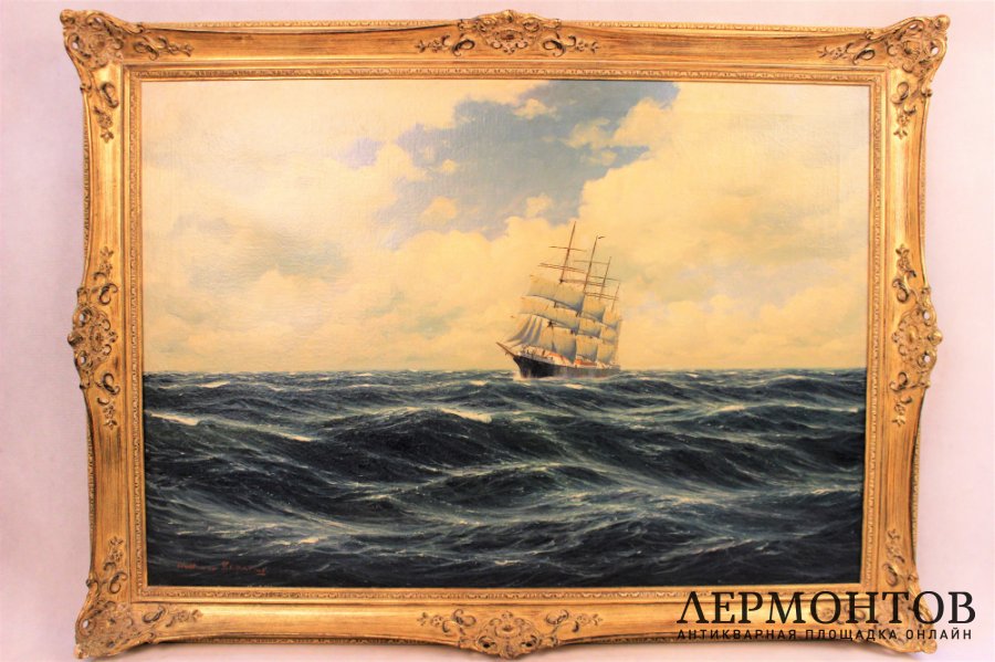 Картина. Парусник. Вальдемар Шлихтинг. Холст, масло. Германия.