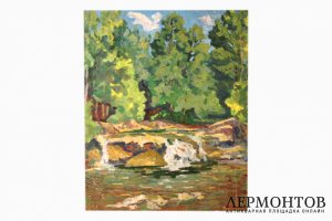 Картина. Лесной пейзаж с речкой. 1939г.  Амосова-Бунак Ольга Федоровна. Холст, масло.