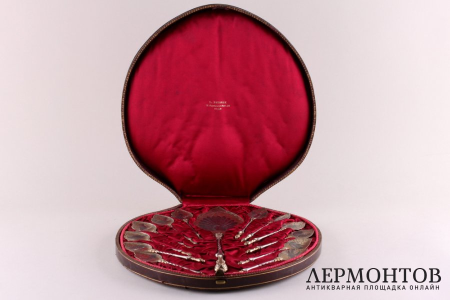 Набор для мороженого. Птицы. Серебро 800, золочение. Франция, кон. XIX в.