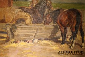 Картина. У конюшни. Неизвестный художник, 1900-е.
