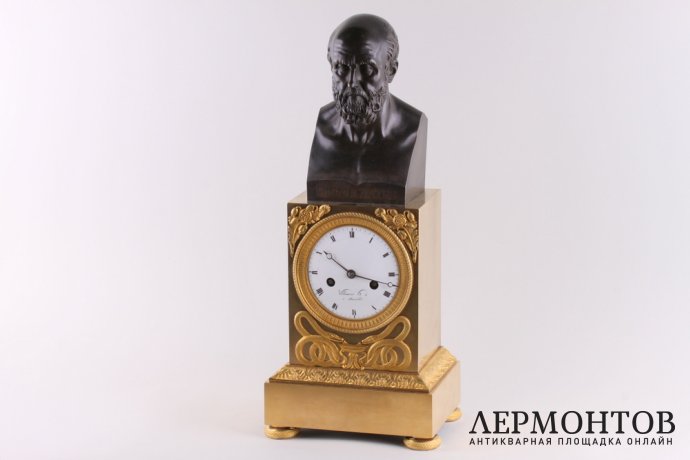 Часы с бюстом Гиппократа в стиле Ампир. Франция, Париж, 1800-е гг. Бронза, литье.