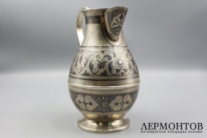 Кувшин и стаканы с черневым узором. СССР, Кубачи, 1990-е гг. Серебро 875 пробы.