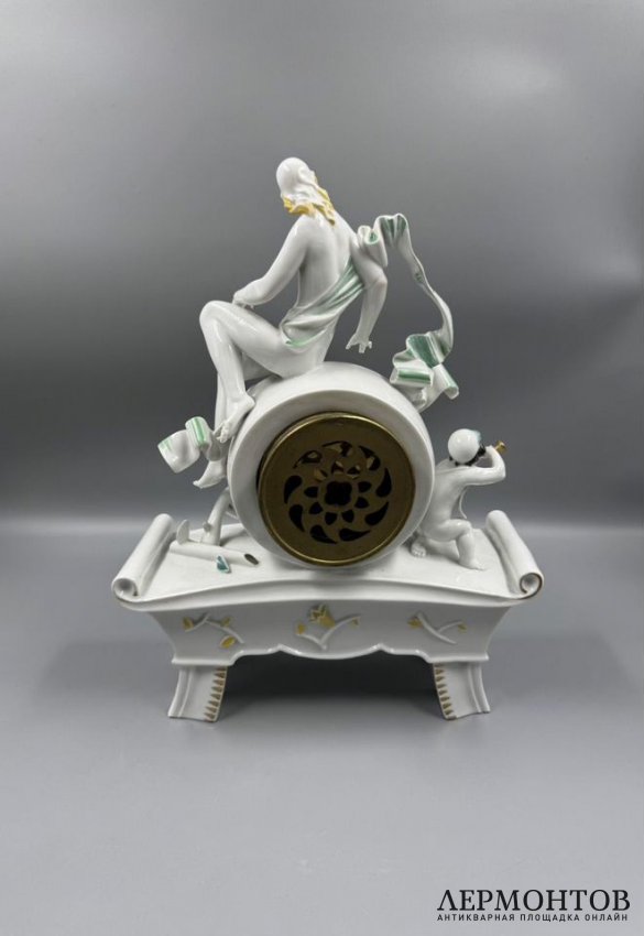 Каминные часы с девушкой и путти. Фарфор, роспись, Rosenthal, Германия, начало 20 века