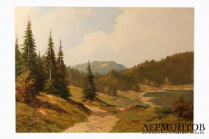 Картина. Альпийский пейзаж. Неизвестный художник. Холст, масло. Европа