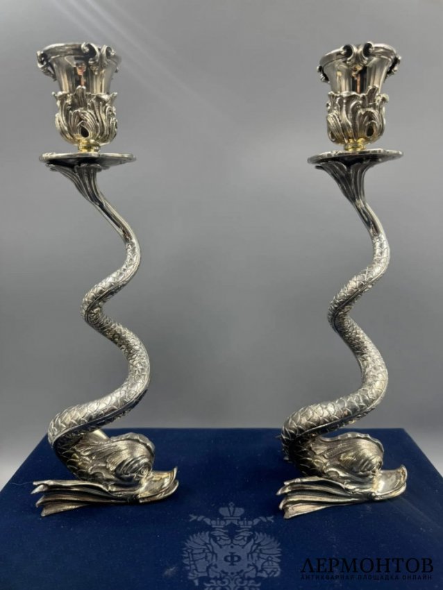 Парные подсвечники «Дельфины». Серебро 925 пробы, Faberge, Франция