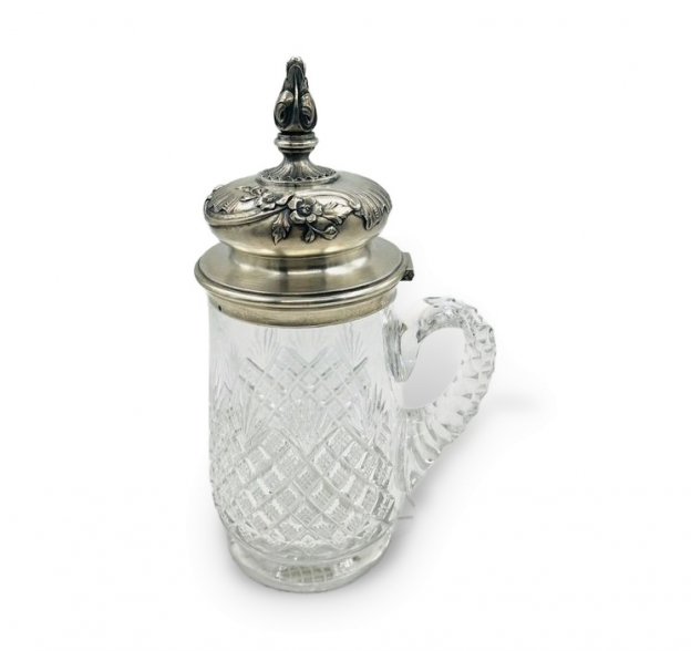 Пивная кружка с серебряной крышкой. Хрусталь, серебро 84, мастер ФК, 1899–1908