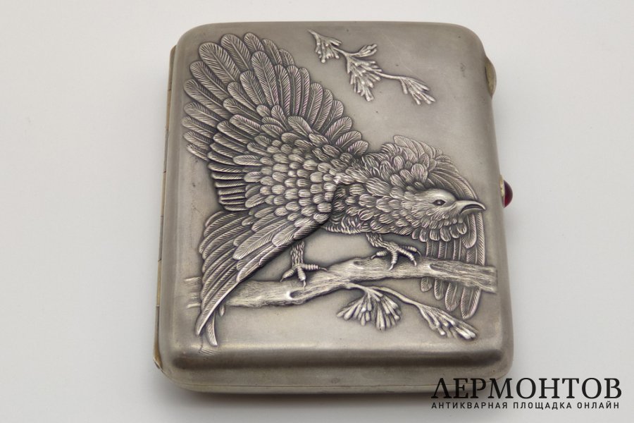 Портсигар Глухарь. Серебро 875 пр. СССР, Москва, Артель Московский Ювелир, 1950-е гг.