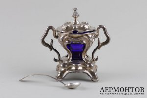 Горчичница с кобальтовым стеклом. Серебро 950 пробы. Франция, кон. XIX в.