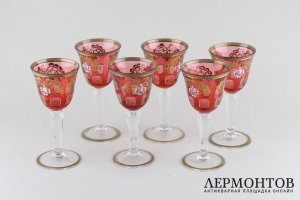 Комплект бокалов с изображением роз. Богемское стекло, полихромная роспись. 6 шт, винтаж.