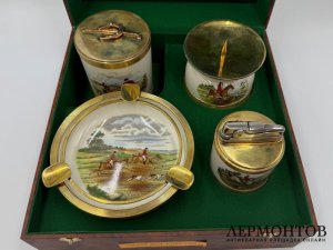 Набор для курения Охота. Англия, 1950-е гг. Фарфор, серебро 925 пр, золото 585 пр.