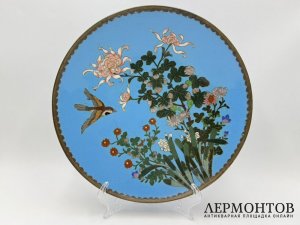 Декоративное блюдо райский сад. Кон. 19 - нач. 20 века. Металл, эмаль клуазоне.