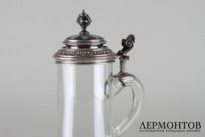 Кружка с серебряной крышкой. Серебро 800 пробы, стекло. Германия, XIX  в.