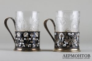 Пара эмалевых подстаканников. Серебро 916 пробы, эмаль, золочение. СССР, 1970-гг