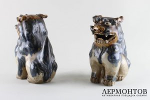 Парные статуэтки львов Сиси. Керамика, поливная глазурь. 