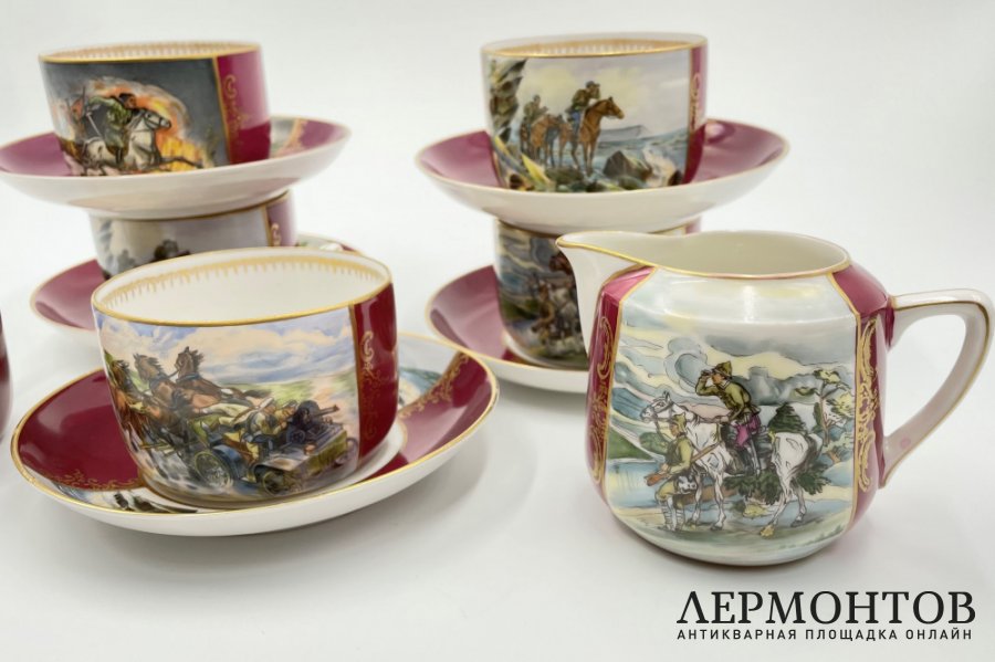 Агитационный чайный сервиз Оборонный. СССР, ДФЗ Вербилки, 1930-е гг. Фарфор.