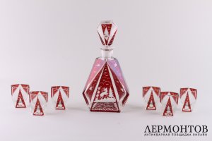 Ликерный набор, охотничья тематика. Стекло, гравировка. Богемия, Egermann, 1930e