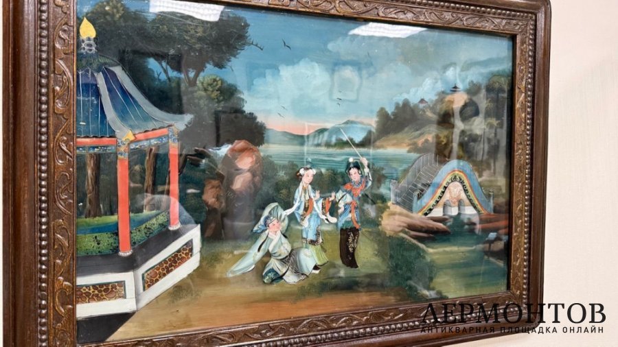 Картина с жанровой сценой. Китай, к. 19 - н. 20 в. Живопись на стекле.