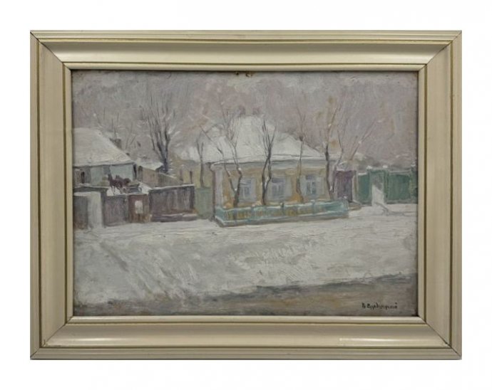 Картина «Зима в деревне». Оргалит, масло, Б. Е. Владимирский, Россия, начало 20 века