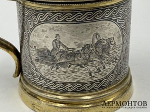 Подстаканник с ложкой Русские тройки. Россия, 19 век. Серебро 84 пробы, чернь.