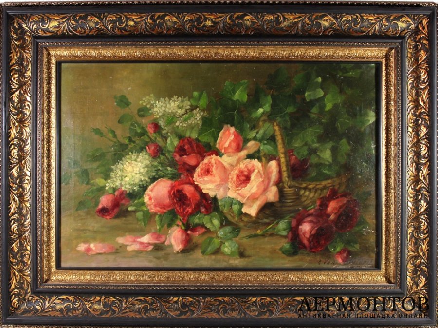 Картина. Натюрморт Цветочная корзина. VAN MULDERS. Бельгия, 19 век