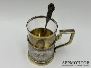Подстаканник с ложкой Русские тройки. Россия, 19 век. Серебро 84 пробы, чернь.