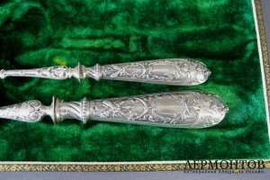 Раздаточный набор для рыбы. Серебро 950 пробы, сталь. Франция, XIX век.
