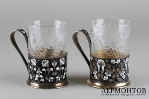 Пара эмалевых подстаканников. Серебро 916 пробы, эмаль, золочение. СССР, 1970-гг