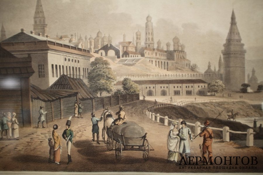 Гравюра Старая Москва. Россия, кон. 19 - нач. 20 в. Бумага, раскраска.