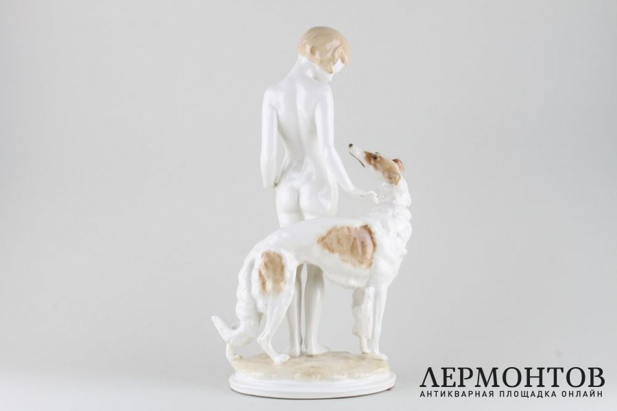 Девушка с борзой, Знакомство. Фарфор, ар-деко. Германия, Хутченройтер, 1955-68
