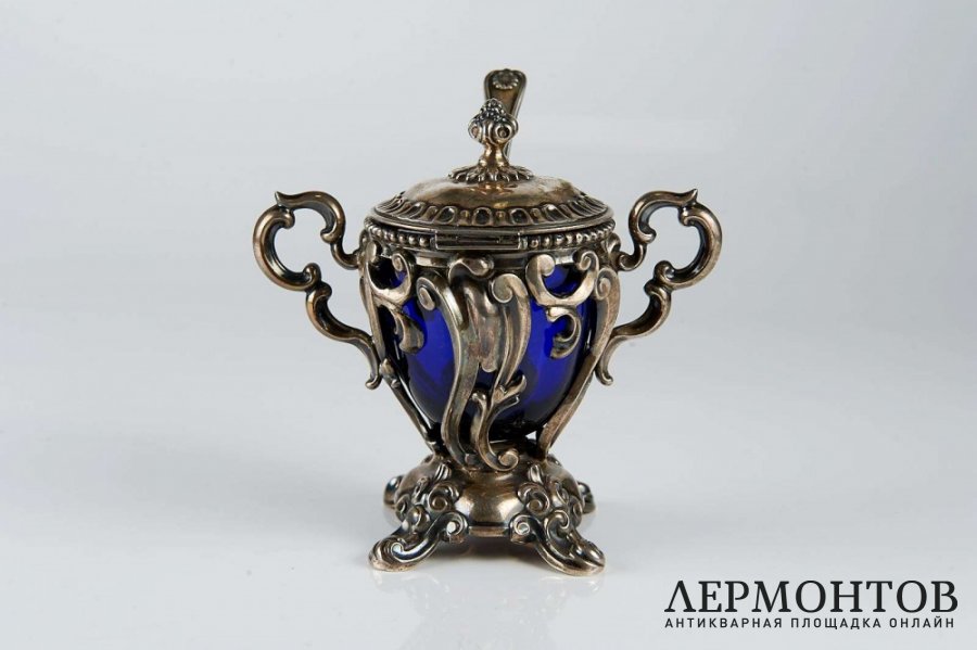 Горчичница. Серебро 950, кобальтовое стекло. Франция, XIX век.