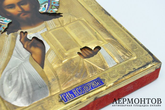 Икона Господь Вседержитель в серебряном окладе с эмалью. Российская империя, 1908-17