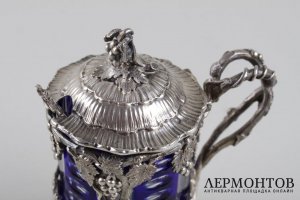 Горчичница с кобальтовым стеклом. Серебро 950 пробы. Франция, конец XIX в.