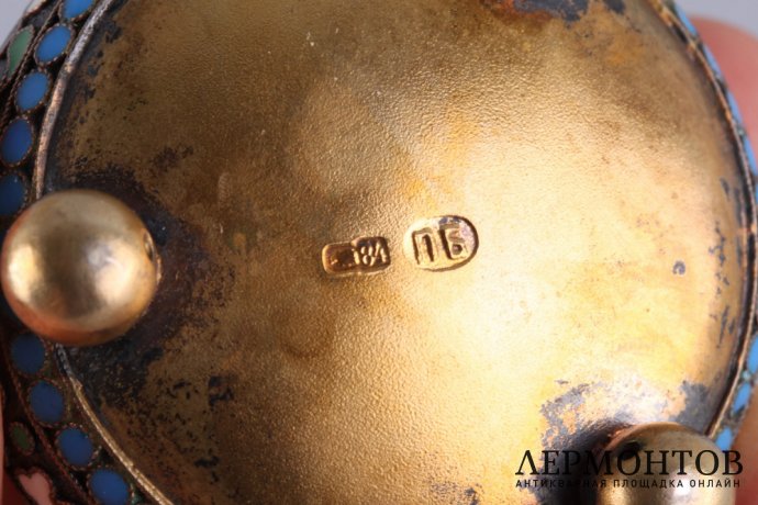 Солонка. Баскаков. Эмаль по скани. Серебро 84 пробы. Россия, Москва, 1908-1917 гг.