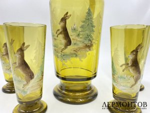 Набор для напитков Зайцы. Зап. Европа, нач. 20 века. Стекло, роспись, металл.