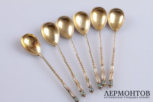 Набор чайных ложек. Эмаль по скани, серебро 84. Российская империя