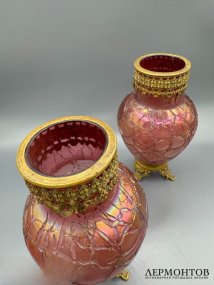 Парные вазы в стиле модерн. Радужное стекло, латунь, Loetz, Богемия, 1900-е годы