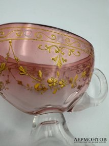 Коллекционная кофейная пара, розовая. Стекло, роспись, Богемия, начало 20 века