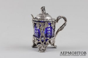 Горчичница с кобальтовым стеклом. Серебро 950 пробы. Франция, конец XIX в.