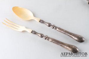 Набор для сервировки рыбы и мяса. Серебро 950 пр., кость. Франция, конец XIX века