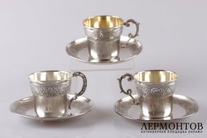 Кофейный сервиз на 6 персон в стиле ар нуво. Серебро 950 пробы. Франция