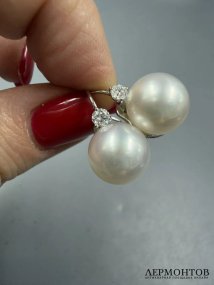 Серьги с жемчугом и бриллиантами. Белое золото 750 пробы, Италия