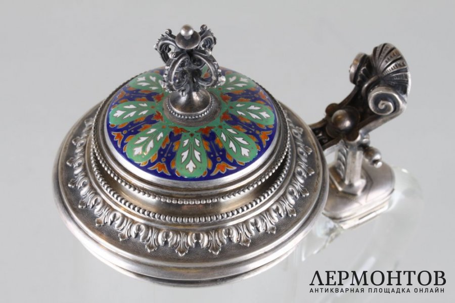 Кружка с серебряной крышкой. Серебро 800 пробы, стекло. Германия, XIX  в.
