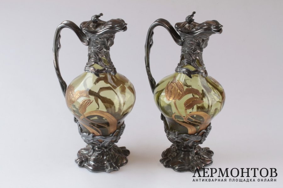 Пара графинов в стиле art nouveau. Victor Sanglier. Цветное стекло, серебрение.