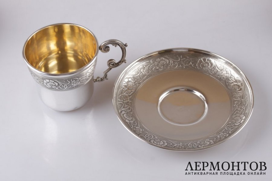 Кофейный сервиз на 6 персон в стиле ар нуво. Серебро 950 пробы. Франция