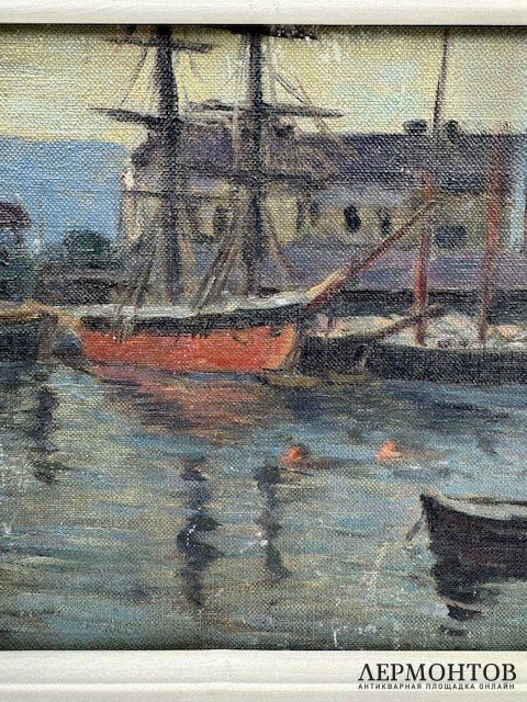 Картина «На причале». Оргалит, масло, предположительно Россия, 20 век
